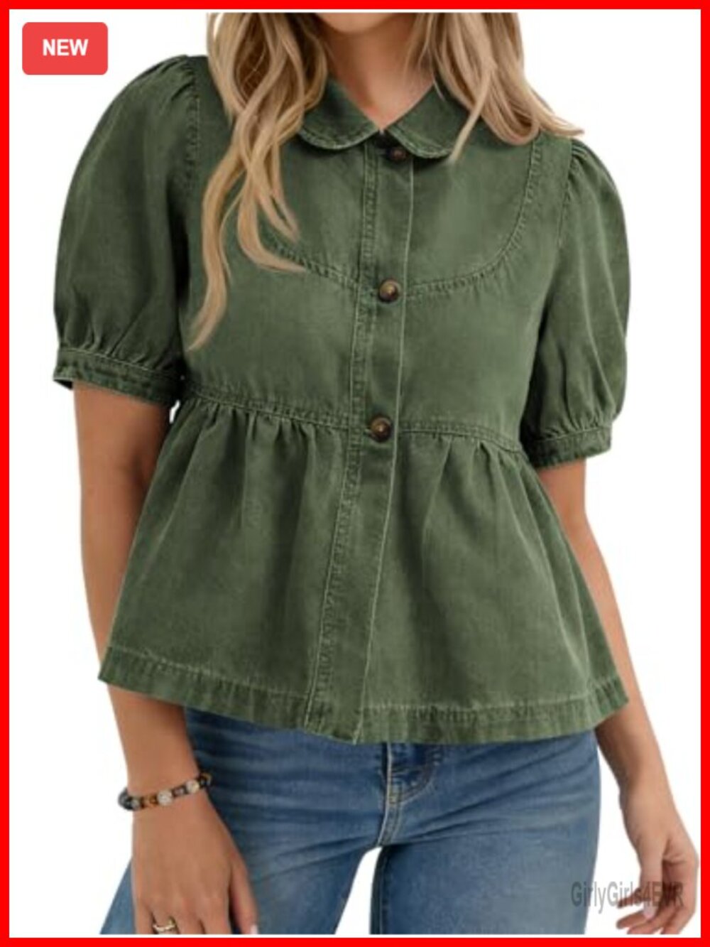 Yousify Women's Button Down Denim Shirt Short Puff Sleeve Babydoll Peplum Blouse